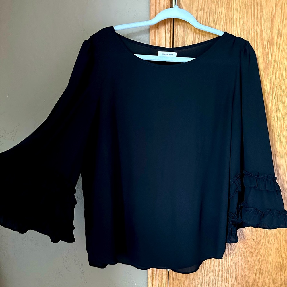 Ruffled Bell Sleeve Women’s Black Blouse